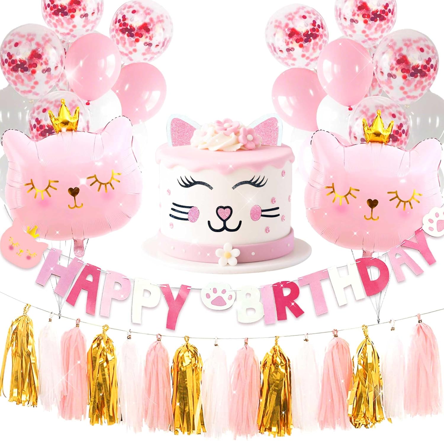 Pink Cat Birthday Party Decoration Cat Balloons Cat Birthday MEOW Banner Meow Party Supplies Pink Cat Cake Decoration