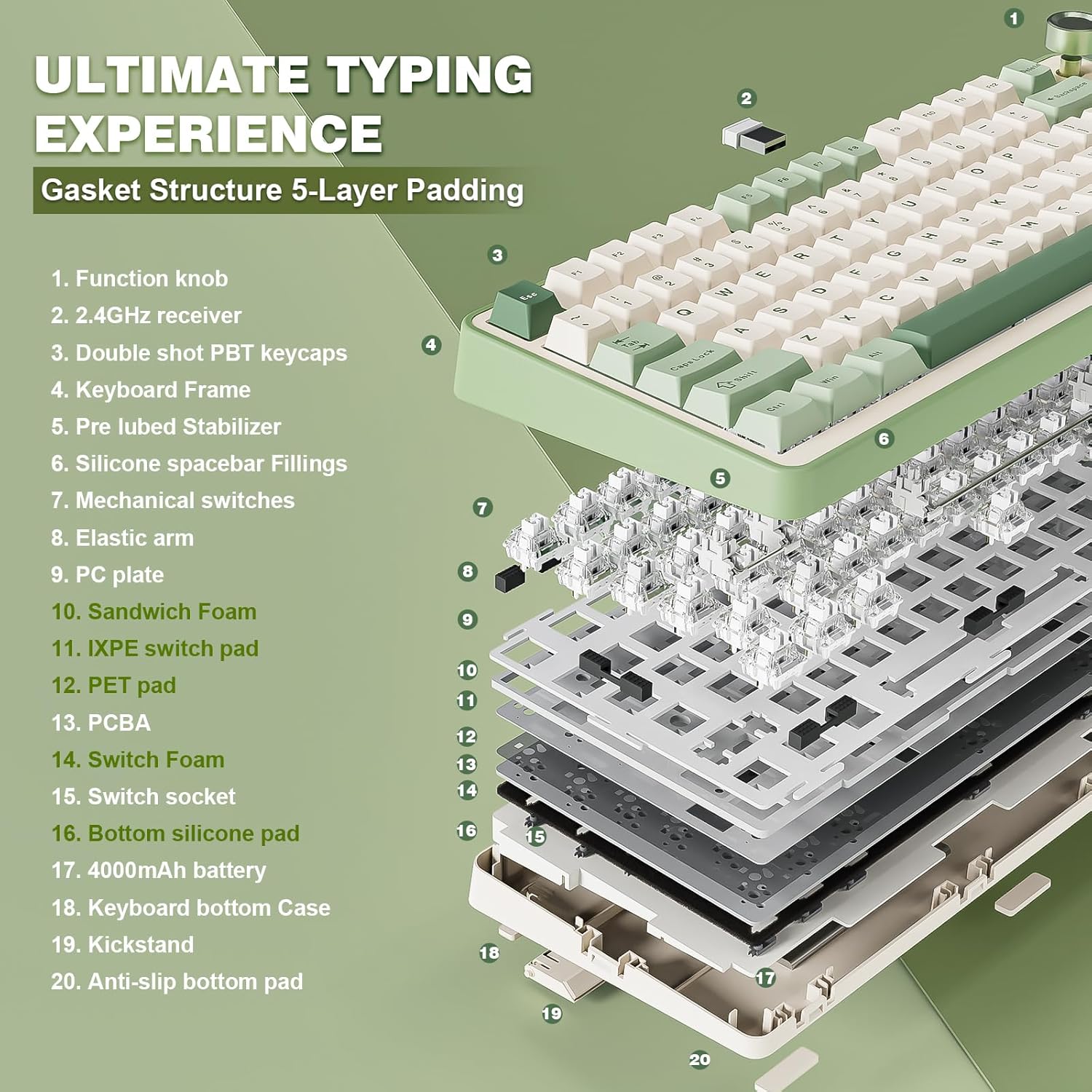 YUNZII B75 PRO Wireless Mechanical Keyboard,75% Gaming Keyboard Gasket Hot Swap Custom Keyboard with Knob,Pre-lubed Switches RGB,Bluetooth/Type-C/2.4G (Matcha Green, Milk Switch) - Image 4