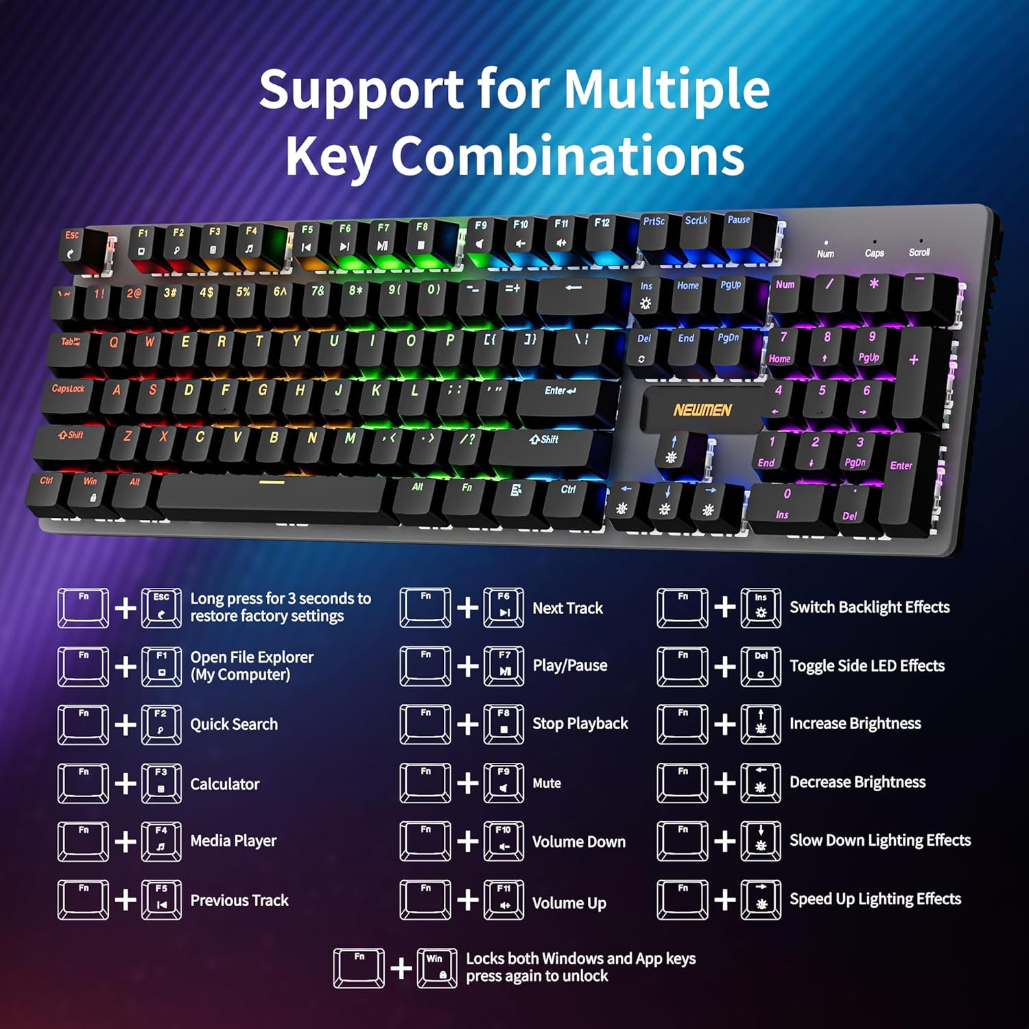 NEWMEN GM325Pro Mechanical Keyboard,104 Keys Rainbow LED Backlit Wired Gaming Keyboards,Metal Panel ABS QWERTY Layout Gaming Mechanical Keyboard for Windows Laptop PC Linear Red Switches - Image 7