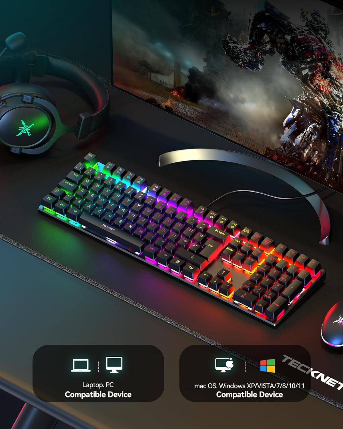 TECKNET Mechanical Gaming Keyboard - Red Switches Mechanical Keyboard with 109 Keys, 24 LED Lighting Modes, Fully Programmable Keys & Anti-Ghosting for Gaming, PC, Windows, Gamer, Office, UK Layout - Image 7