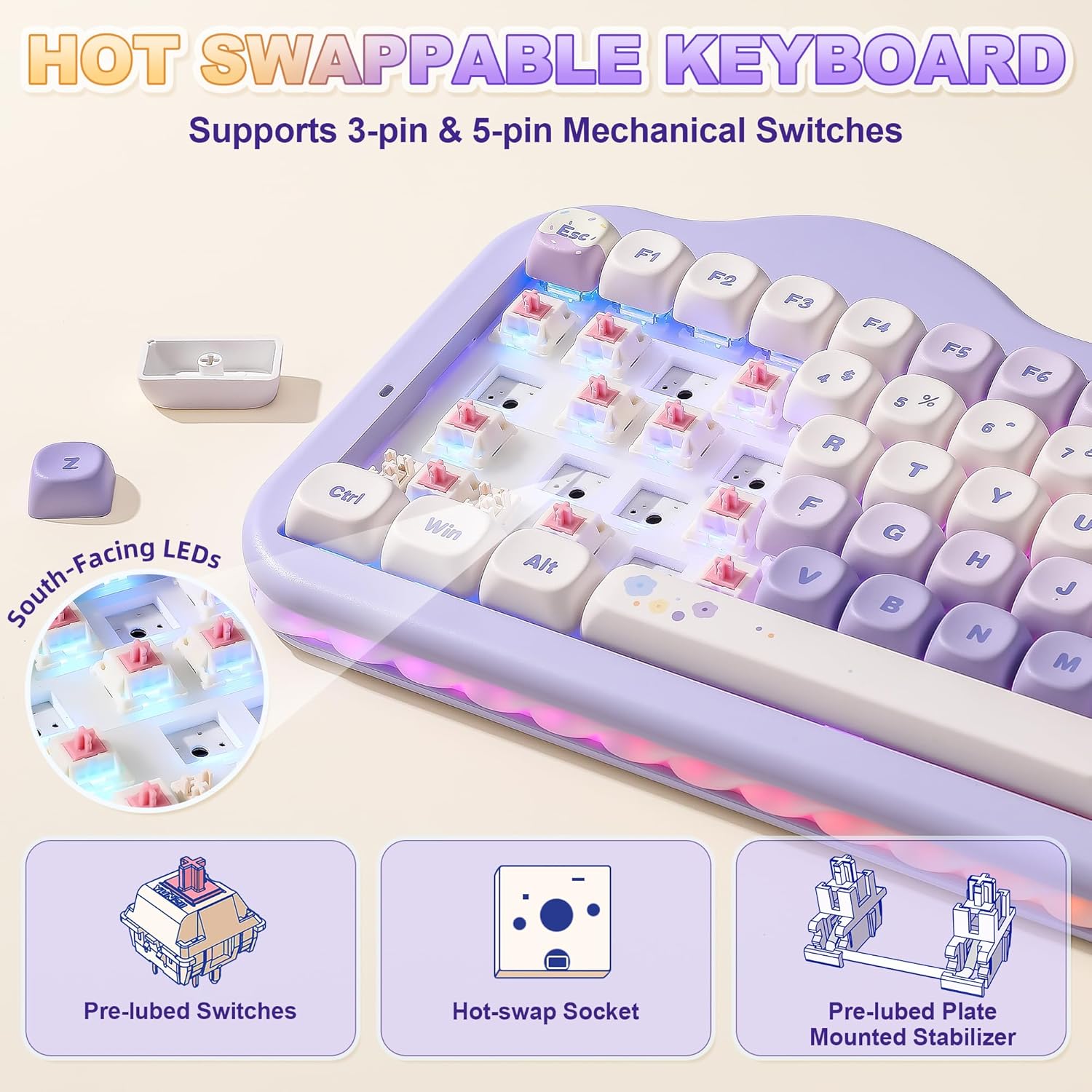 YUNZII C75 Wireless Mechanical Keyboard, 75% Layout Hot Swappable Creamy Keyboard NKRO, PBT MOA Keycaps RGB Backlit Gasket Mount, Cute Cake Design BT5.0/2.4G/USB-C (Purple, Candy Linear Switch) - Image 5