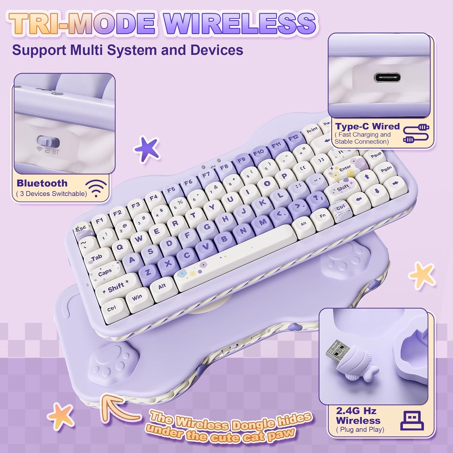 YUNZII C75 Wireless Mechanical Keyboard, 75% Layout Hot Swappable Creamy Keyboard NKRO, PBT MOA Keycaps RGB Backlit Gasket Mount, Cute Cake Design BT5.0/2.4G/USB-C (Purple, Candy Linear Switch) - Image 3